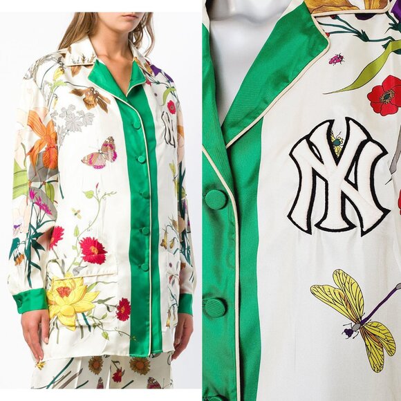 GUCCI★素敵!NY YANKEES GOTHIC FLORA TWILL SILK SHIRT JACKET GUCCI SHIRT NY YANKEES GOTHIC FLORA TWILL SILK JACKET TOP